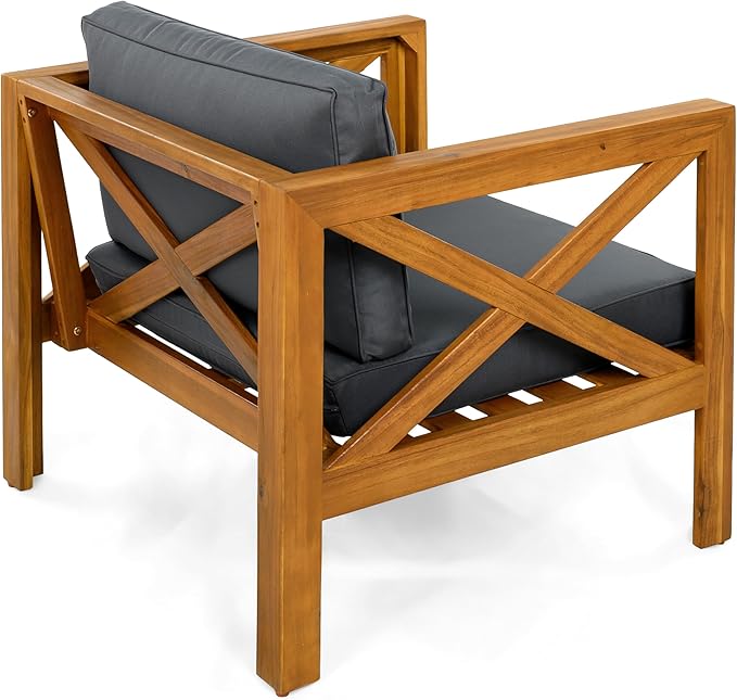 Christopher Knight Home Lucy Acacia Wood Outdoor Patio Furniture Set, 3 Pieces Patio Set, Round Side Table and ArmChairs Conversation Set with Cushion for Garden Lawn Balcony, Dark Gray + Light Teak