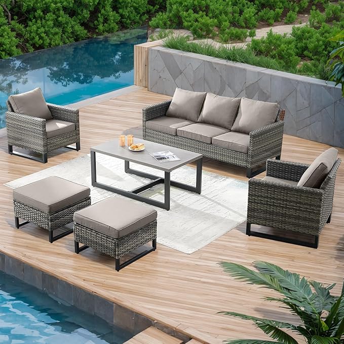 Rilyson Wicker Outdoor Patio Furniture Set - 6 Piece Patio Conversation Set with 2 Armrest Chairs,2 Rattan Ottoman,1 Couch and 1 Metal Side Table for Outside Porch Deck Backyard(Mixed Grey/Grey)