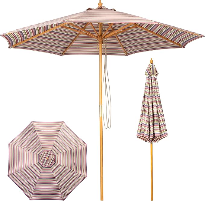 9ft Wooden Umbrella, Outdoor Patio Umbrella, Wood Market Umbrella, Patio Umbrella Wood Pole with Pulley Lift for Garden, Yard, Deck, Pool, Market