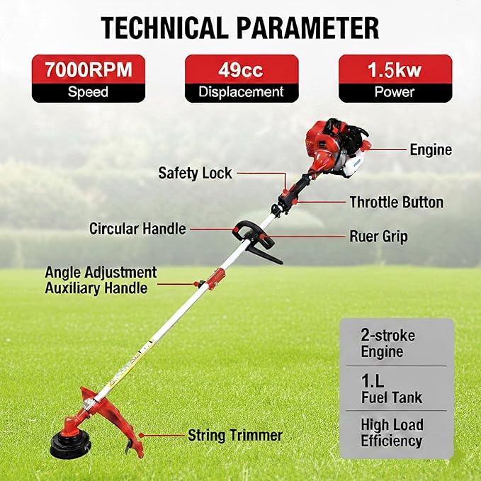 Gas String Trimmer Weed Wacker 49CC/58CC Gas Weed Eater with Adjustable Handle and Shoulder Strap for Lawn and Garden Care (49CC)