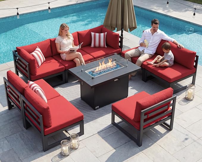 BULEXYARD 9 Piece High End Aluminum Patio Furniture Set with Fire Pit Table, 500 lbs Heavy Duty Outdoor Sectional Sofa, 29" Deep Wide Oversized Seat, L Shaped Conversation Couch for Exterior, Burgundy