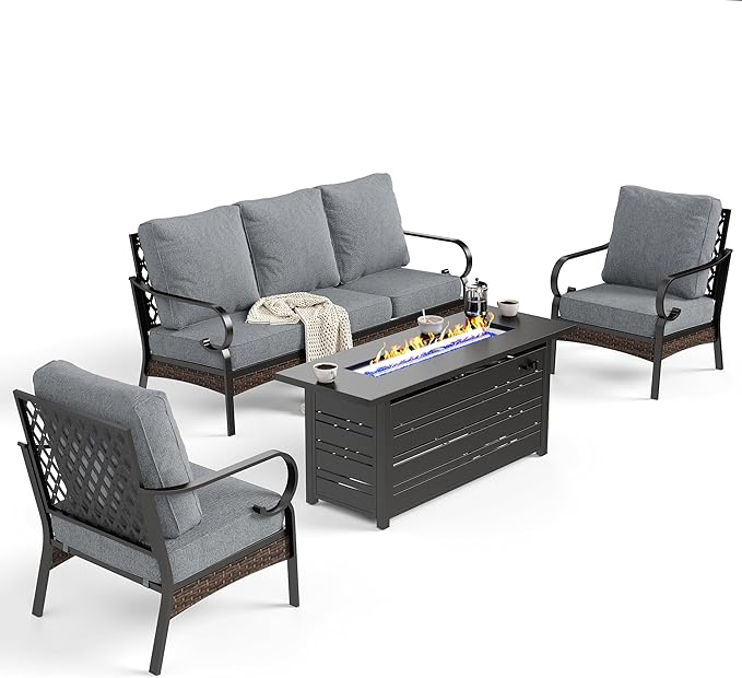 4 Piece Black Metal Outdoor Patio Furniture Sets with Firepit Table, Patio Conversation Sets 1 3-Seater Sofa, 2 Single Sofa with 5.75" Thick Cushion Backyard Furniture for Deck, Gray