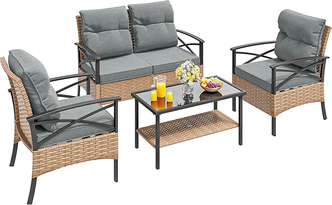 YITAHOME 4 Pieces Patio Furniture Set Outdoor Wicker Patio Conversation Set with Metal Table and Soft Cushions All-Weather Rattan Bistro Set with Loveseat (Light Brown + Gray)