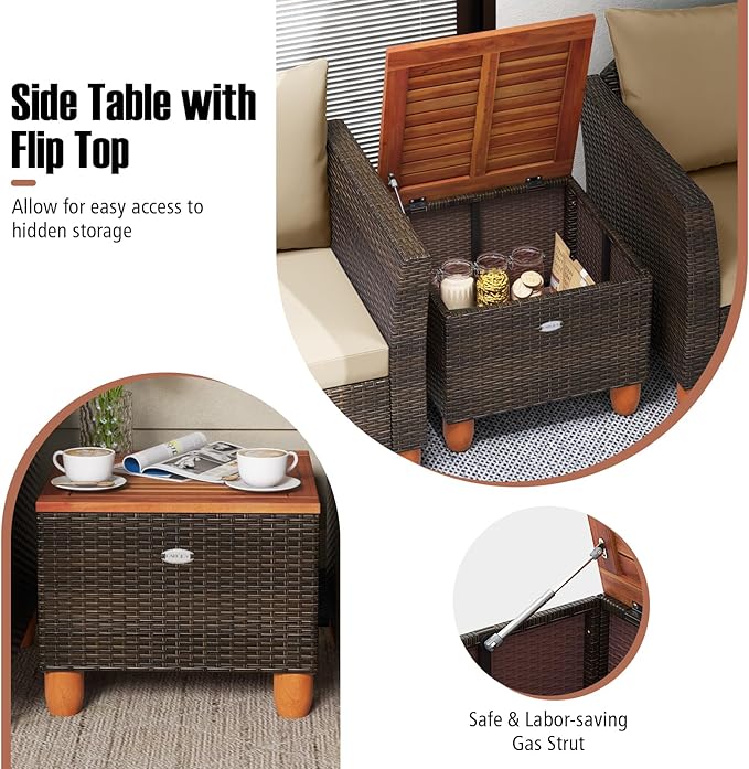 Tangkula 3 Piece Patio Furniture Set, Patiojoy Outdoor PE Wicker Bistro Set with Soft Cushions and Solid Acacia Wood, Outdoor Conversation Set with Porch, Balcony and Garden