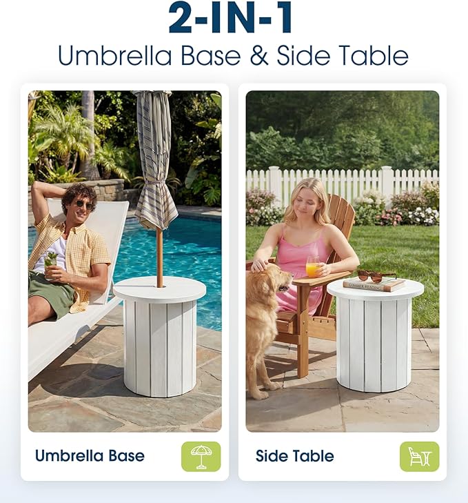 wikiwiki 2-in-1 70Lbs Patio Umbrella Base & Outdoor Side Table with Hole, HDPE Woodgrain Small Outdoor Table Fits 1.5-1.9in Pole for Patio, Deck, Poolside & Garden Use, White