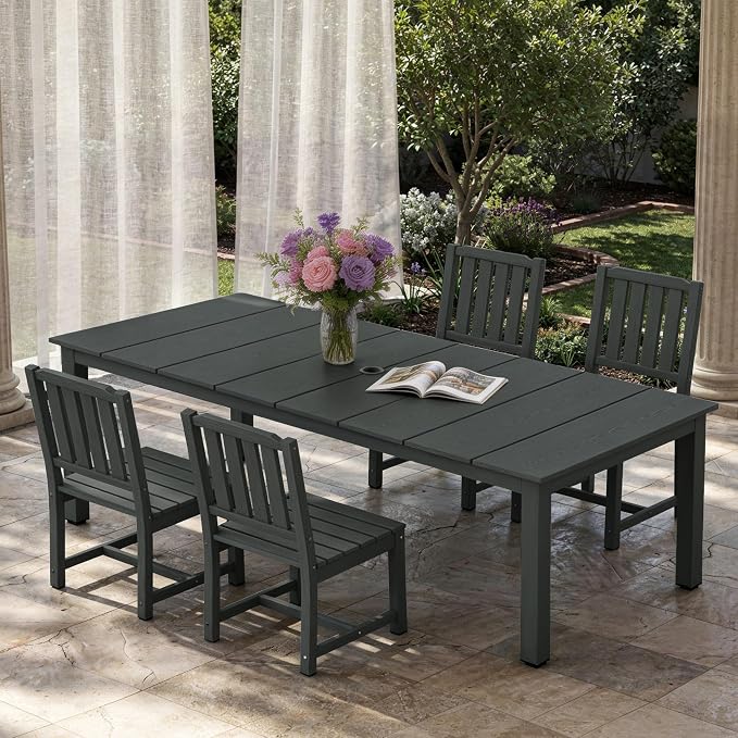 AreShark 7-Piece Outdoor Dining Set,HDPE Patio Table with 6 Armless Chairs,All-Weather Patio Furniture Set with Umbrella Hole,Low Maintenance Wood Grain Dining Set for Backyard,Garden,Poolside,Black