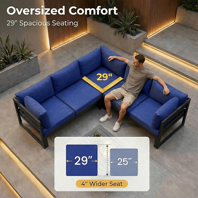 NICESOUL 15 Pcs Large Modern Aluminum Patio Furniture Set with Fire Pit Table Propane/Gas, L Shaped Sectional Sofa with Side Table, 500 lbs Heavy Duty Comfy Outdoor Couch for Backyard Lawn, Navy Blue