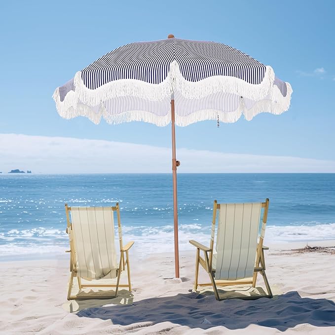 PHI VILLA 7ft Fringe Beach Umbrella with Sand Anchor, Outdoor Patio Portable Beach Umbrella for Sand with Tassels, Push Button Tilt & Carrying Bag, UPF 50+, Stripe Blue & White