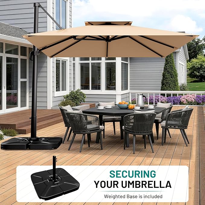 AreShark 11×11FT Double-Top Cantilever Patio Umbrella with Base Included, Offset Umbrella with 360 Degree Rotation, Heavy Duty Patio Umbrella for Garden Deck Pool, 5 Tilt Angles, Beige
