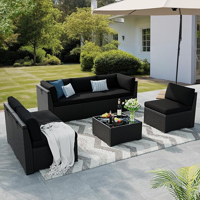 Patio Furniture Set, 7 Pieces Outdoor Sectional Sofa Set with Waterproof Cover, Black PE Wicker Rattan Slanted Back Outdoor Conversation Set with Cushions and Glass Coffee Table, Black