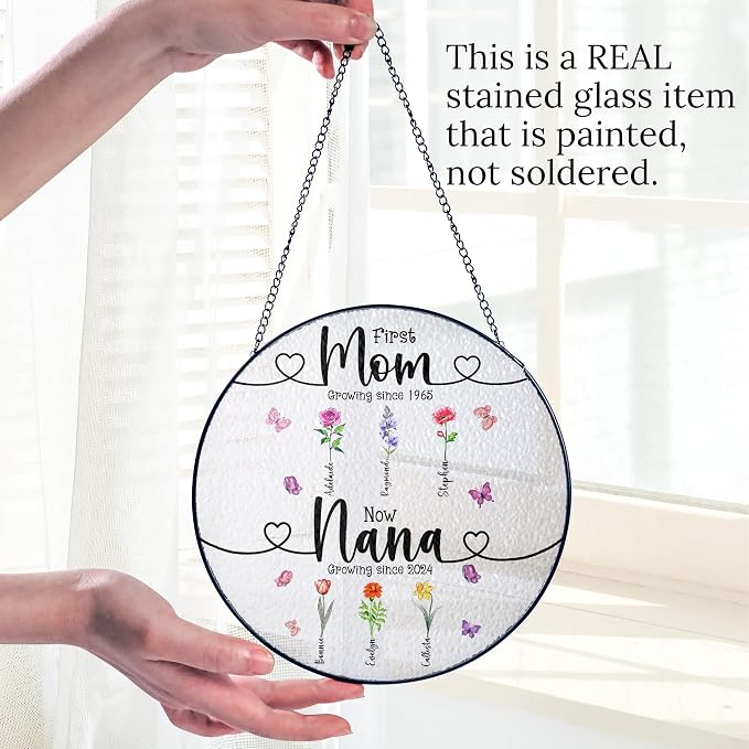 Personalized Birth Flower First-Now Grandma's Garden Stained Glass Window Hanging Suncatcher - Mother's Day, Birthday Gift for Mom, Grandma, Family, Custom Title, Names, Flowers