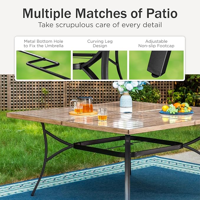 PHI VILLA 57.5" Outdoor Patio Table for 8 Person, Large Square Metal Steel Dining Table with Umbrella Hole, Weather-Resistant Wood-Like Table for Deck Backyards Porch, Brown
