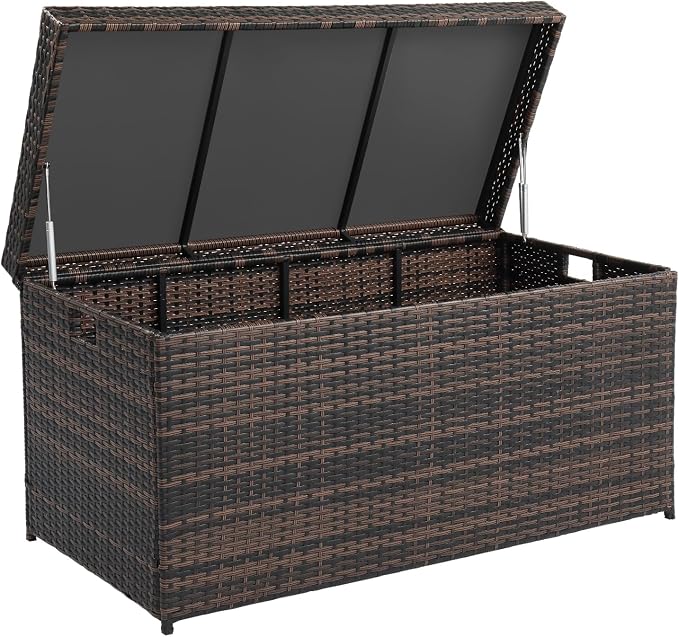 132 Gallon Outdoor Storage Box, Patio Rattan Deck Box, Wicker Storage Bench for Indoor, Outdoor, Pool, Balcony, Yard, Garden (Brown)