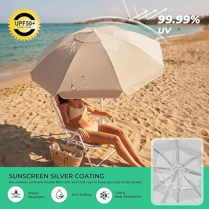 JEAREY 6.5ft Sun Shade Umbrellas, Portable Umbrella with Stand, Lightweight Sun Protection Free Standing Sport Umbrella for Outdoor Sports, Camping, Fishing, Patio, Beach, Beige
