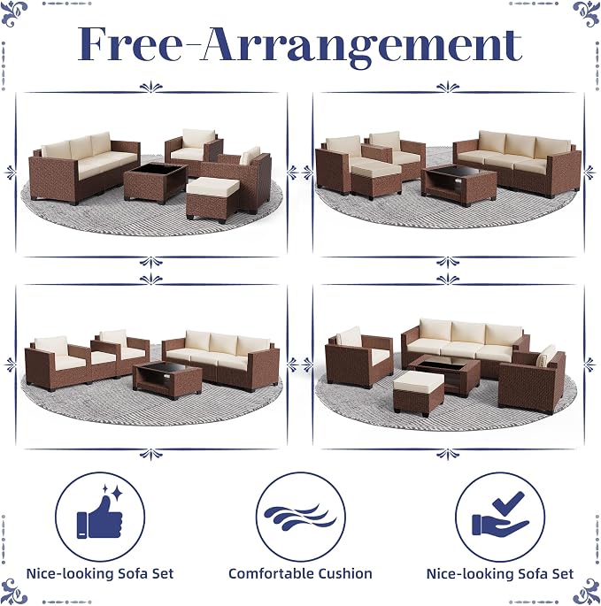 KIGOTY Patio Furniture Set 7 PCS Patio Conversation Sets, All-Weather PE Rattan Outdoor Sectional Sofa with Cushion and 2- Tier Glass Coffee Table（Brown/Beige）