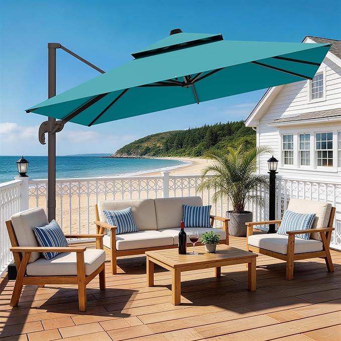 HASLE OUTFITTERS 10x10 FT Patio Cantilever Umbrella with Base, Outdoor Offset Large Square Heavy Duty Double Top Umbrellas with 360° Rotation for Pool Garden Deck，Turquoise