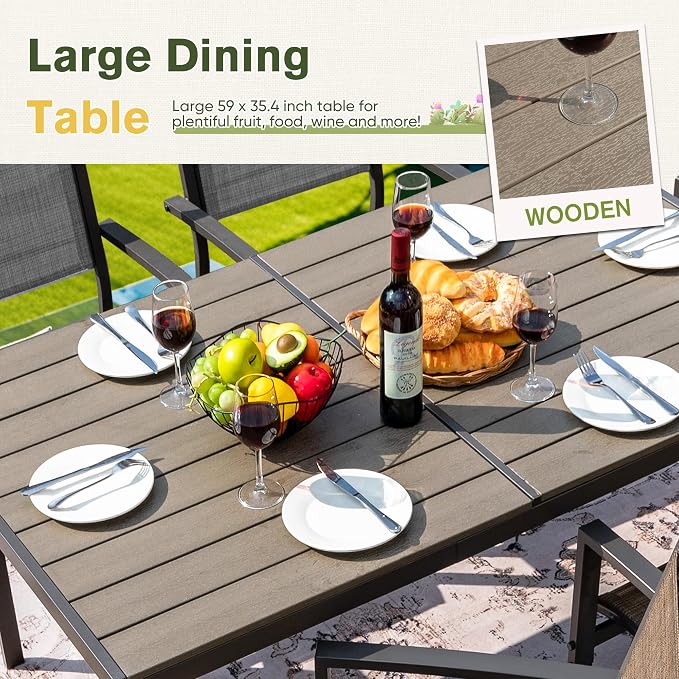 GUNJI 7 Piece Patio Furniture Set,Outdoor Dining Set with 6 Stackable Textilene Chairs and 60" Rectangular Table,Family Conversation Set for Garden Backyard Deck (Gray)