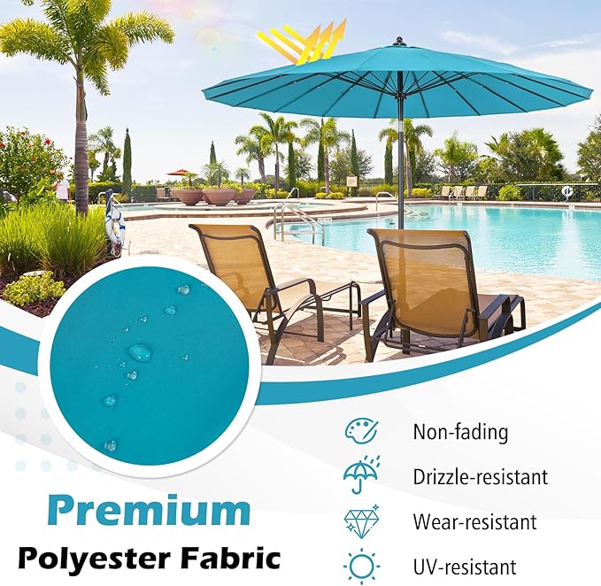 Tangkula 9FT Round Patio Umbrella, Outdoor Market Umbrella with 18 Fiberglass Ribs, Push Button Tilt, Crank, Fade-resistant Canopy & Ventilation, Aluminum Table Umbrella for Backyard, Pool (Turquoise)