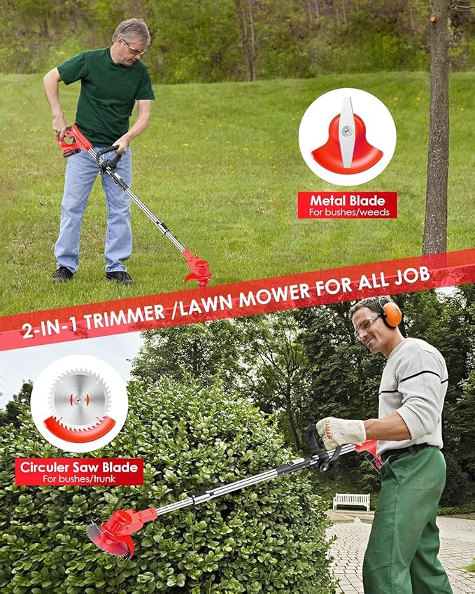 Cordless Weed Wacker, Weed Eater String Trimmer with Wheels, Electric Weed Eater with 2 x 24V Batteries and Charger, Stringless Grass Trimmer/Edger Lawn Tool for Garden Yard Lawns