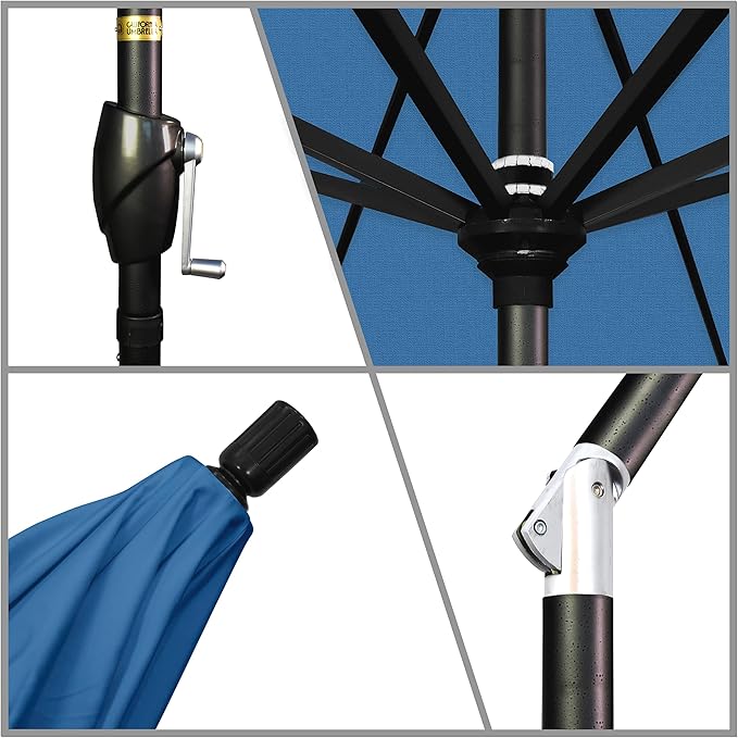 California Umbrella 9' Round Aluminum Market Umbrella, Crank Lift, Push Button Tilt, Black Pole, Frost Blue Olefin