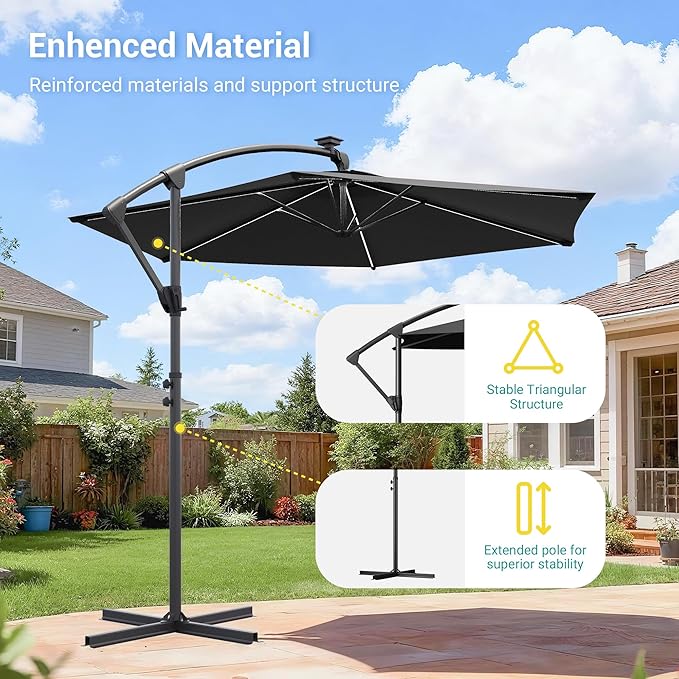 10ft Offset Patio Umbrella with Solar Light Strips,Outdoor Cantilever Hanging Umbrella with Cross Base, Fade Resistant Recycled Fabric, for Pool, Deck, Garden,Backyard,