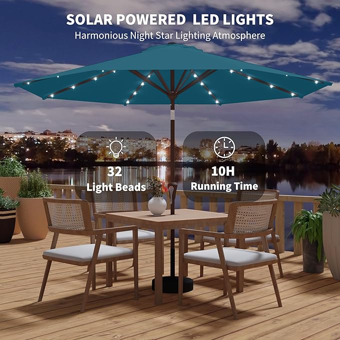 Kingdura 9FT Outdoor Patio Umbrella with Solar Lights, Market Table Umbrella with Push Button Tilt & Crank, 8 Sturdy Ribs, 32 LED Lights, UV Protection for Garden Lawn Deck Backyard Pool (Lake blue)