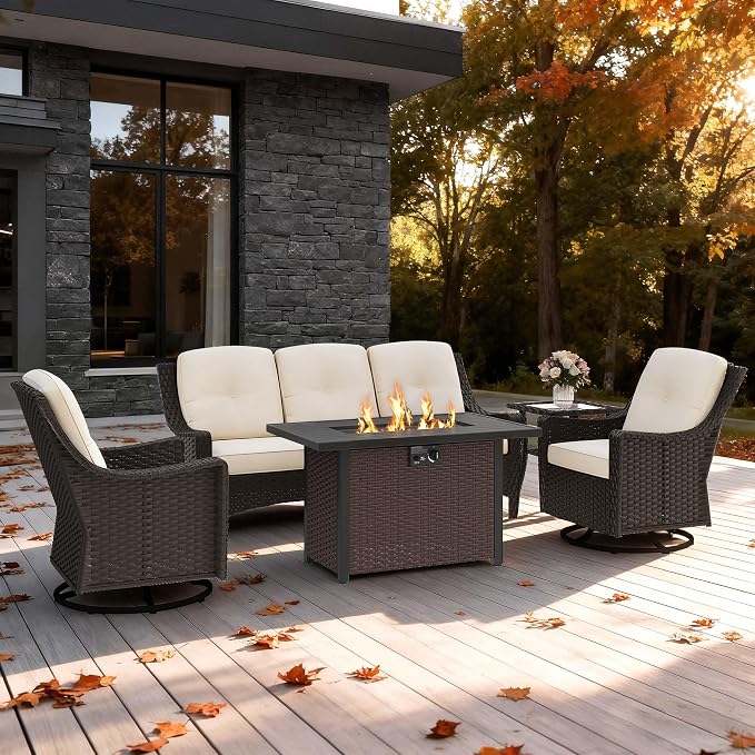 5-Piece Patio Furniture Set, Featuring a fire Pit Table, Rattan Swivel Chairs, Patio Sofa, and Side Table. Ideal for backyards, patios, and Poolside Areas.