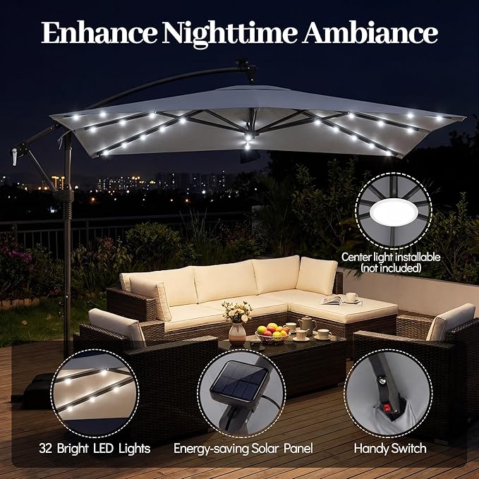 Tangkula 8x8 FT Solar Patio Umbrella with Base Included, Square Offset Cantilever Outdoor Umbrella with 360 Degree Rotation, 32 LED Lights, Crank Handle, 2 Sandbags, 8 Ribs, Air Vent for Pool Deck Garden Backyard