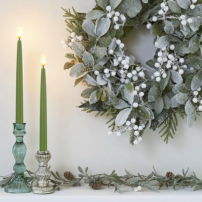 CVHOMEDECO. Flameless Taper Candles with 10-Key Remote, Battery Operated Led Flickering 3D Wick Window Candles Real Wax Finished Home Christmas Party Decor 0.78 x 11 Inch, Pack of 2, Sage Green