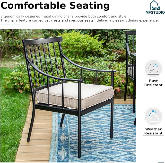 MFSTUDIO 9 PCS, Patio Dining Set, 60"x60", Square Metal Table | 8 Cushions Metal Armchairs, 1.57" Umbrella Hole, Steel, Weather resistant, Removable cushions