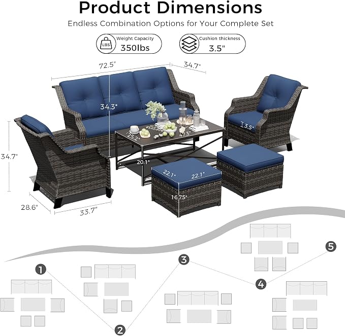 Outdoor Patio Furniture Set, 6 Piece Wicker Patio Furniture with Thick Cushions, Curved Armrest, Deep Seating, Rattan Outdoor Chairs for Porch, Deck, Balcony