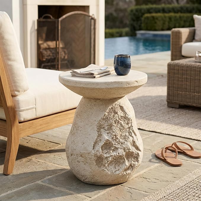 Clare Outdoor Patio MGO Side Table, Organic Pear-Shaped Accent End Table, Natural Beige Stone-Look Finish, Lightweight Sturdy Modern Side Stand for Patio Balcony Living Room Garden