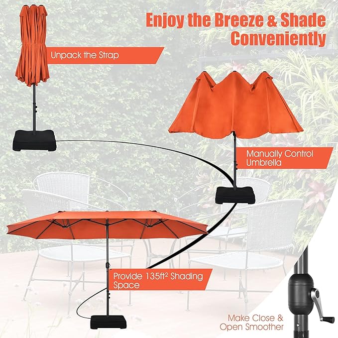 Tangkula 15FT Double-Sided Patio Umbrella, Outdoor Market Umbrella W/Hand-Crank System & Enhanced Base, Ultra-Large Twin Garden Umbrella W/ 12-Rib Structure for Residential & Commercial Use (Orange)