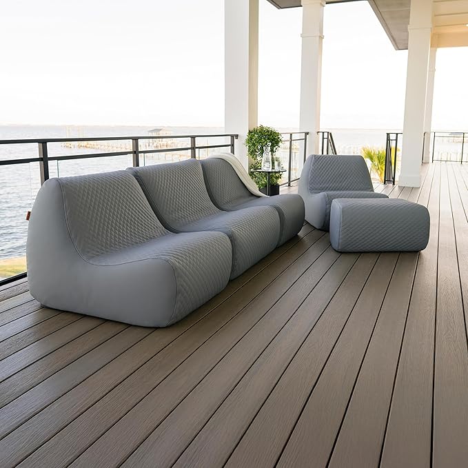 Big Joe Solvana Outdoor Sectional, 5 Piece Patio Furniture Set, Weather-Resistant Cool Touch Silicone Stitched Leather Sofa, Moonlit Gray