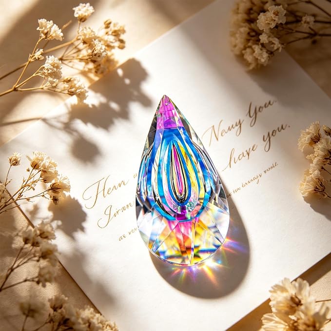 YU FENG 4.7 Inch Crystal Prism Suncatcher, Window Hanging Rainbow Maker | Large Faceted Crystal Pendant, Teardrop Crystal, Window Hanging Ornament, Bright Rainbow Effect, Garden Home Decoration