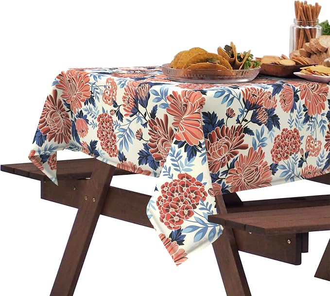 DYTXIII Outdoor Rectangle Tablecloth with Umbrella Hole and Zipper 84" x 60", Water Repellent Floral Picnic Cover, Fade & Wrinkle Resistant Tablecloth for Patio/Garden/Party Table, Red Chrysanthemum
