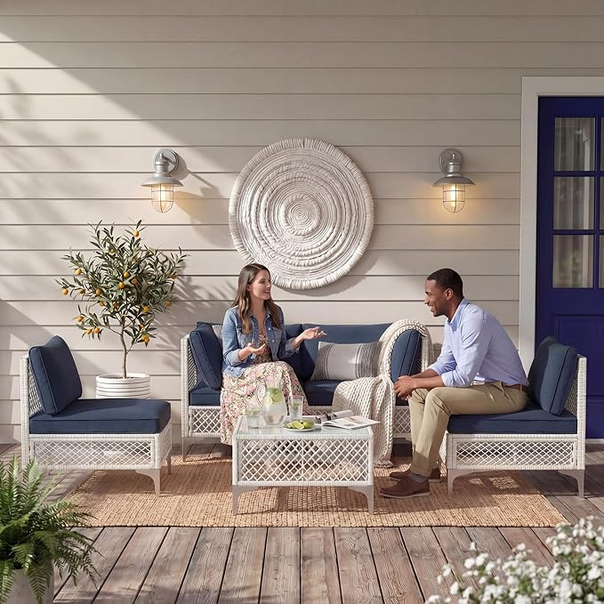 ENSTVER 5-Piece Outdoor Patio Furniture Set, Value Lightweight Boho Outdoor Sectional with Handwoven Wicker & Easy Assembly, Durable Outdoor Sofa for Small Patio, Balcony（Cushion Navy Blue）