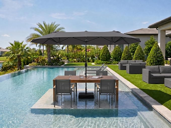PURPLE LEAF 13ft Patio Market Umbrella with Base Double-Sided Rectangle Outdoor Table Sun Umbrellas with Crank 12 Heavy Duty Sturdy Ribs for Pool Beach Deck Backyard Gray