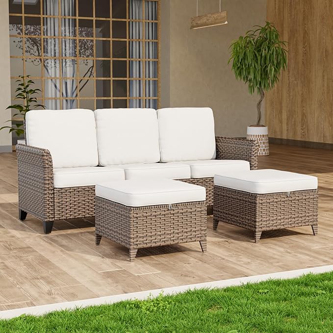 COOS BAY Harbor Retreat 3 Piece Outdoor Furniture Set, Patio Conversation Set with 3 Seat Couch and Ottomans, Wicker Furniture, Brown/Beige