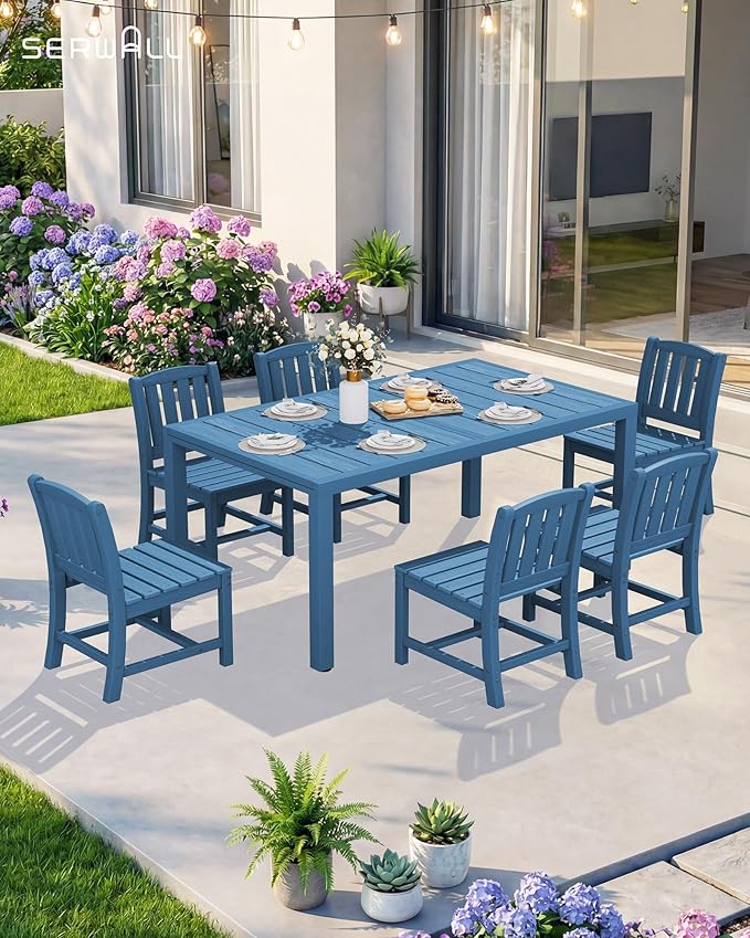 SERWALL 10-Piece Patio Dining Sets with 15FT Patio Umbrella, Blue | 60" - 83" Expandable Outdoor Dining Table and 8 HDPE Chairs, All Weather HDPE Outdoor Furniture Set