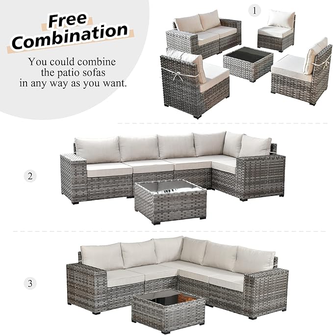 HOOOWOOO Outdoor Patio Sectional Furniture Sofa Set with Widened Armrest,6 Piece Small Modern Wicker Couch,Modular L Shaped Conversation Seating Set with Table for Out Door Garden Corner(Beige Tan)