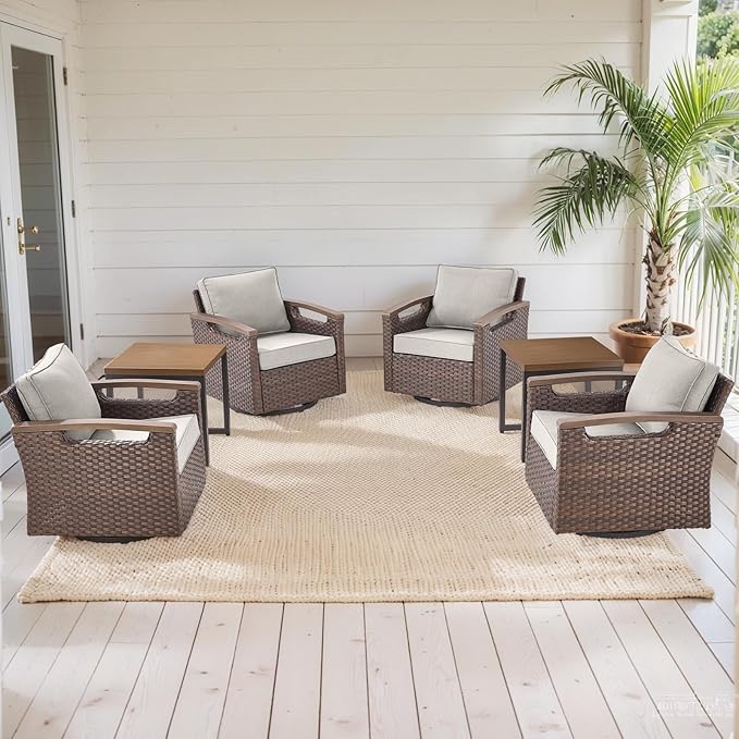 Rilyson 6 Piece Outdoor Patio Swivel Rocking Chairs, All Weather Wicker, Metal Armrest, Deep Seating, Thick Cushions, Side Table, Ideal for Deck Porch Backyard, Brown/Beige