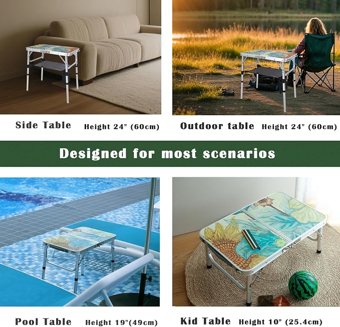 Small Folding Camping Table, 2ft Portable Picnic Table Aluminum 24" x 16", 3 Adjustable Heights Lightweight Dining Table for RV, Picnic, Beach (Sunflower)