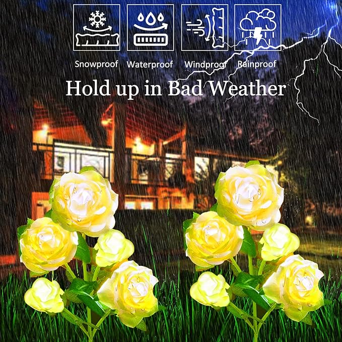 Solar Flowers Garden Lights Outdoor Waterproof [Updated] 2 Packs 10 Yellow Roses Solar Decorative Stake Lights for Patio Pathway Yard Lawn Decor