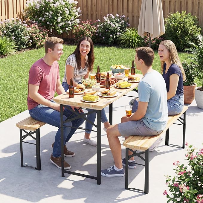 Giantex 47 Inch Folding Picnic Tables with Benches Set, Solid Wood Camping Beer Table Bench Set with Metal Frame, 3-Piece Portable Patio Dining Furniture, Indoor & Outdoor Folding Table and Chairs