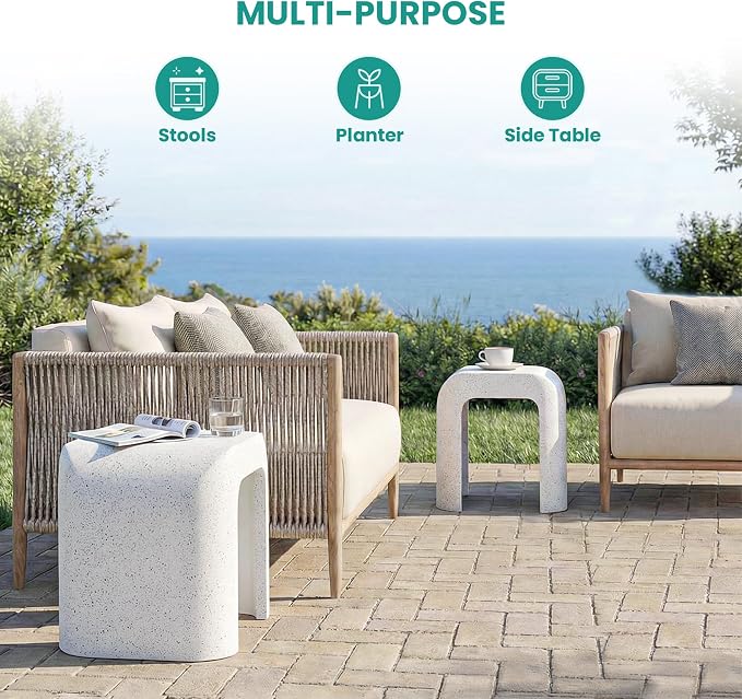 SUNBURY Outdoor Side Table, 18" H Concrete Horseshoe End Table, Rectangular Cement Accent Table for Patio, Round Modern Garden Stool for Patio, Backyard, Spotted White