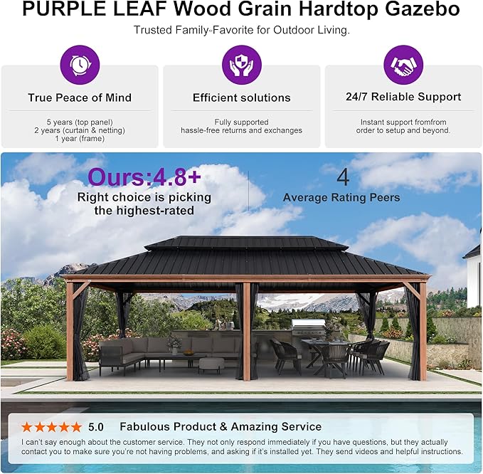 PURPLE LEAF 14' X 24' Outdoor Hardtop Gazebo for Patio Galvanized Steel Double Roof Permanent Canopy Teak Finish Coated Aluminum Frame Pavilion Gazebo with Netting