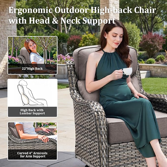 Luxury High Back Patio Furniture Set with 6-Inch Thick Cushions, 9-Pieces Outdoor Furniture with Swivel Chairs, Wicker Conversation Set for Porch, Balcony, Deck and Yard, Grey