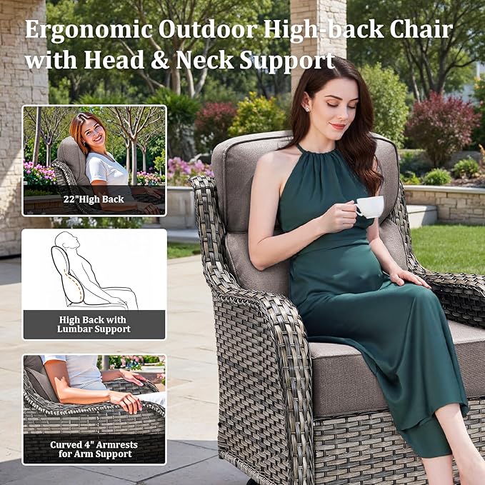 3PCS Patio Furniture Sofa Set with 6" Thick Cushions, High Back Wicker Sectional Outdoor Sofa with Ottomans, Outdoor Seating Furniture High Back Conversation Set for Balcony Deck Porch Backyard, Grey
