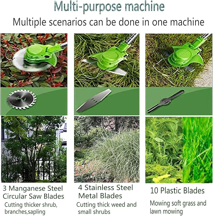 Weed Wacker Battery Powered，Cordless Weed Trimmer with 3 Types Blades 3.0ah Rechargeable Weed Wacker for Women (Green)